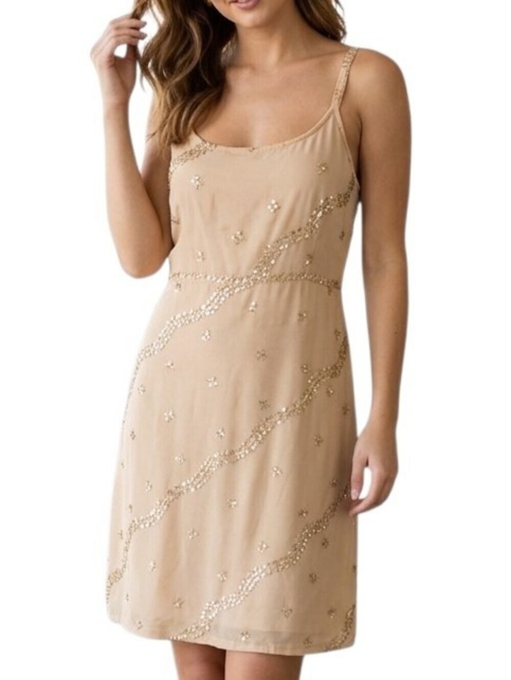 Handmade Slip Dress Women Medium Beige Gold Sequin Embroidered Y2K
